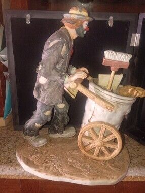 Handcrafted Clown with Cart Sculpture in Gray and White